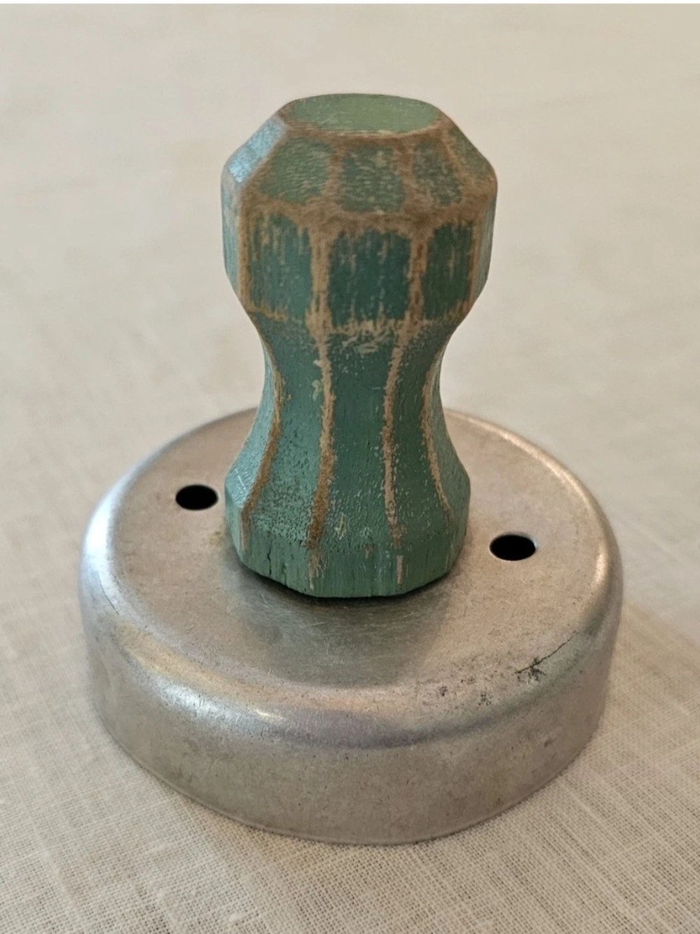Vintage 40's Aluminum Biscuit Donut Cookie Cutter Green Wooden Handle Primitive